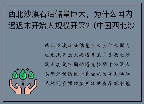 西北沙漠石油储量巨大，为什么国内迟迟未开始大规模开采？(中国西北沙漠地区煤炭的优点)