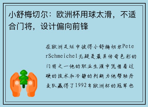 小舒梅切尔：欧洲杯用球太滑，不适合门将，设计偏向前锋