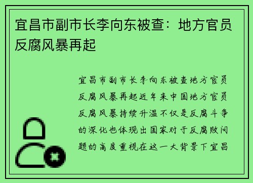 宜昌市副市长李向东被查：地方官员反腐风暴再起