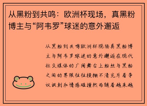 从黑粉到共鸣：欧洲杯现场，真黑粉博主与“阿韦罗”球迷的意外邂逅