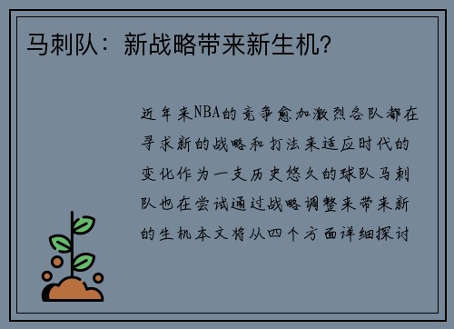 马刺队：新战略带来新生机？