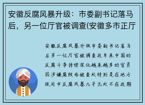 安徽反腐风暴升级：市委副书记落马后，另一位厅官被调查(安徽多市正厅领导调整)