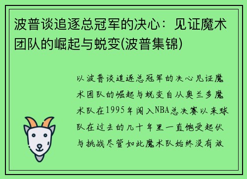 波普谈追逐总冠军的决心：见证魔术团队的崛起与蜕变(波普集锦)