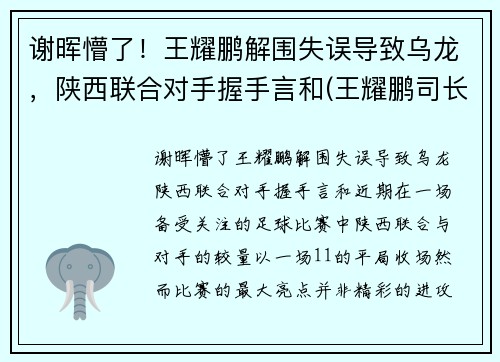 谢晖懵了！王耀鹏解围失误导致乌龙，陕西联合对手握手言和(王耀鹏司长)